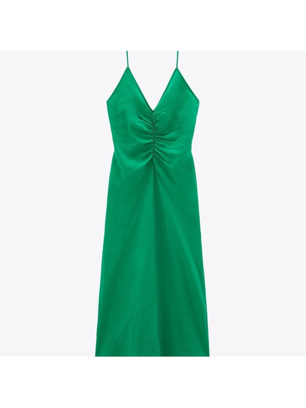Zara Green Ruched V-Neck Midi Slip Dress